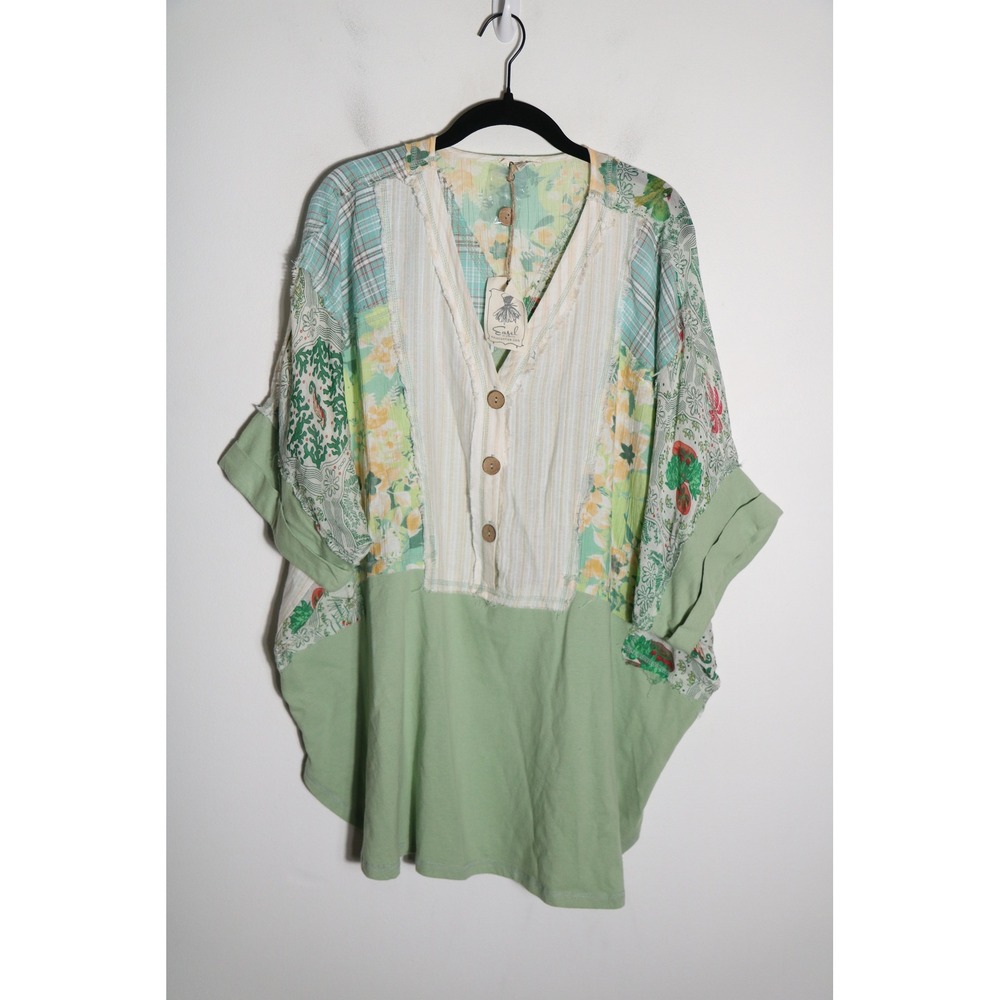 Easel Patchwork Cotton Boho Oversized Top Womens 2X 100% Cotton Green Garden